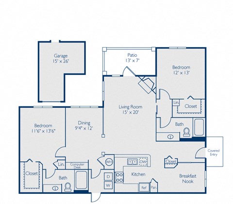 Floor plan for 2 beds, 2 baths, 1327 sqft